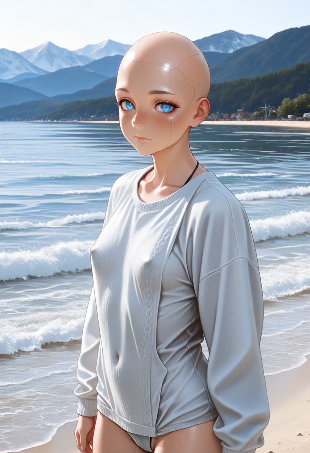 1girl,solo,(bald head:1.9),(improvised swimsuit made from patched fabric scraps,hand-stitched,weathered,practical:1.6…