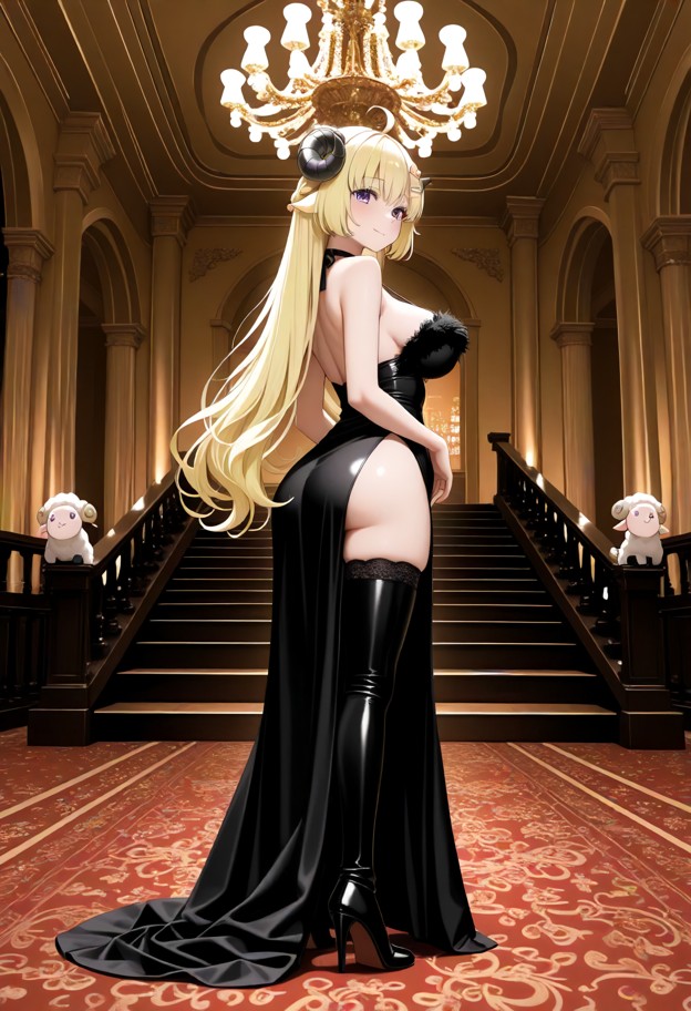 she is is standing in a ballroom,evening dress,high slit,stockings,thigh high leather boots,stiletto heels,grand ball…