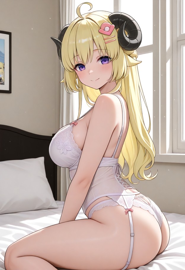 she is,solo,wearing lingerie,sitting on bed,facing viewer,indoors,bedroom,medium shot,soft lighting