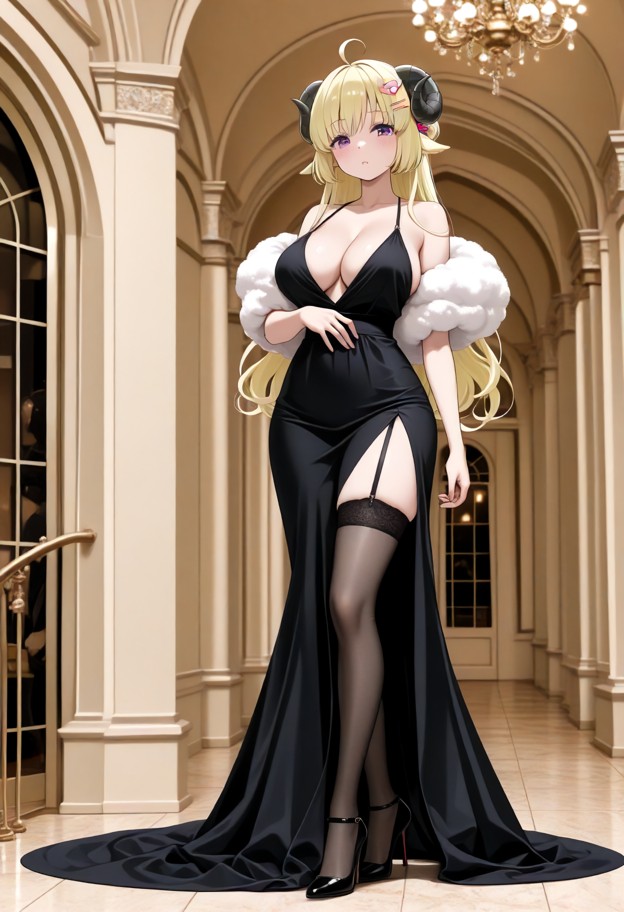 a she is is standing elegantly,wearing evening dress,stockings,stiletto heels,ballroom,full body,soft lighting
