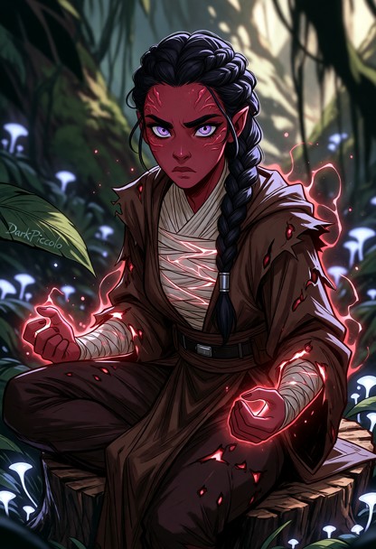 A female Padawan stands at the center of the scene, her lithe form bathed in the faint glow of bioluminescent plants …