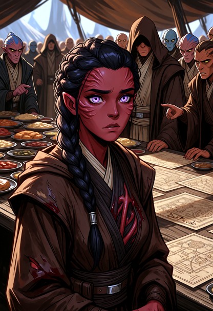 In the heart of the scene stands a female Padawan, her face etched with the struggle to master her emotions. Her brow…