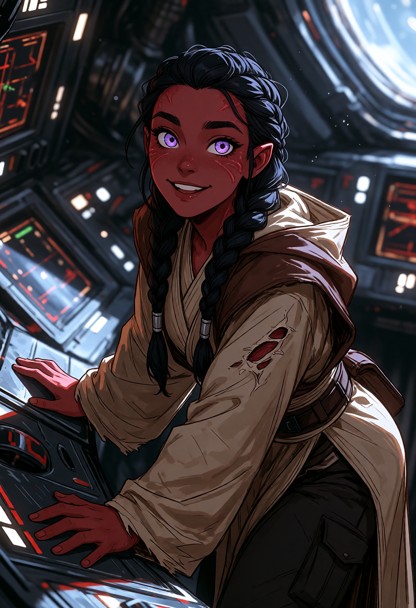 Location: dim and cramped interior of a downed starship, where the flickering blue-white light from the consoles cast…