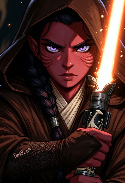 A close-up shot captures the determined presence of a female Padawan, her upper body framed by the rich brown folds o…