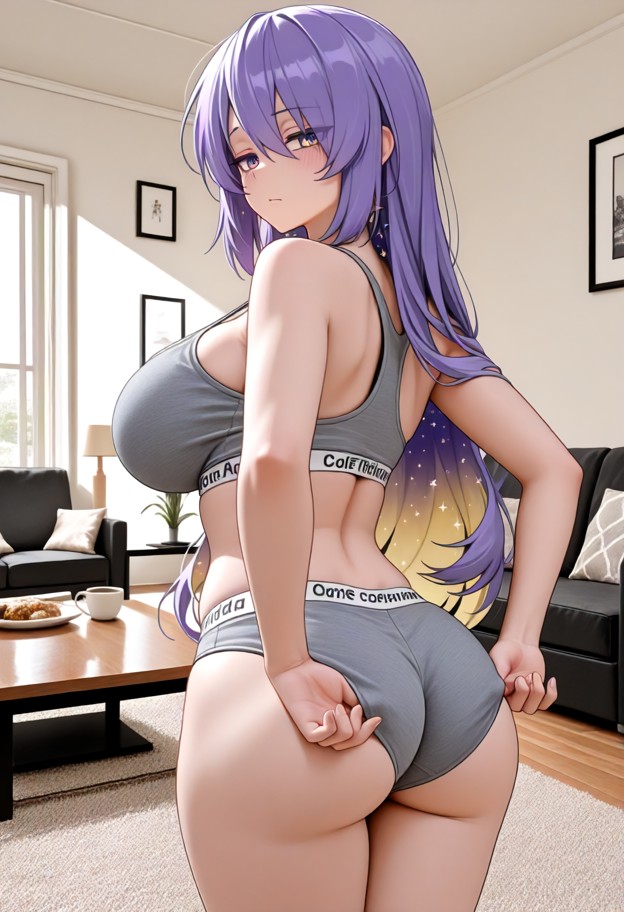 1girl,solo,back to camera,looking over shoulder,massive ass,adjusting underwear,gray sports bra,gray sports underwear…