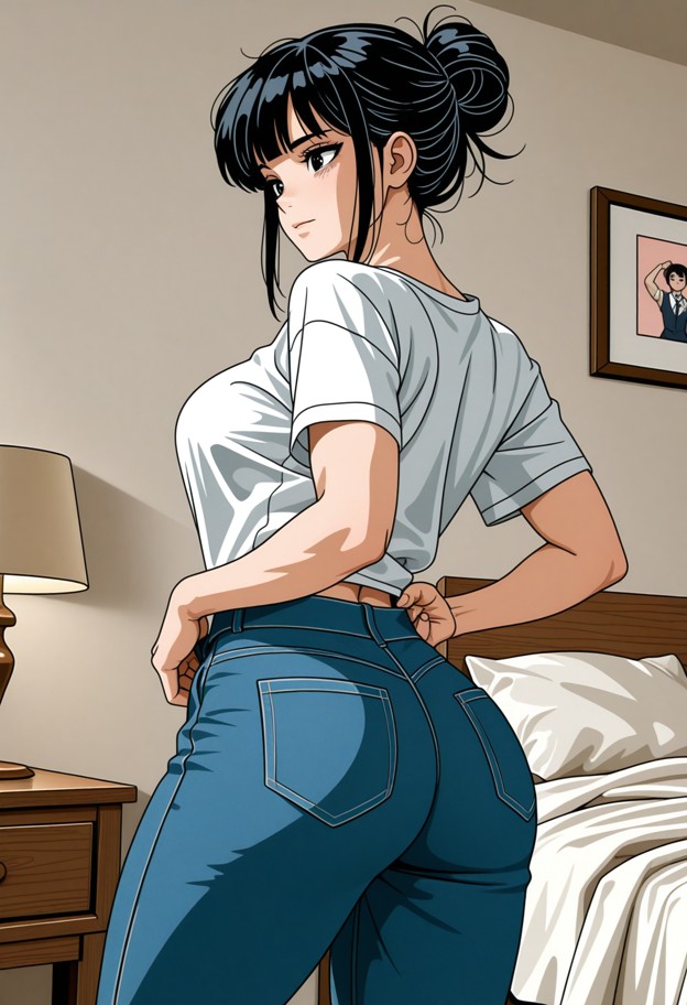 she is,standing,pulling white shirt up,looking sideways,happy,white cotton shirt,blue denim jeans,bedroom,bed,white s…