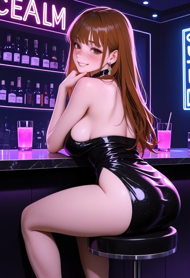 she is is sitting on a bar stool and smiling,black silk slip dress,dimly lit nightclub,neon lights,bar counter,medium…