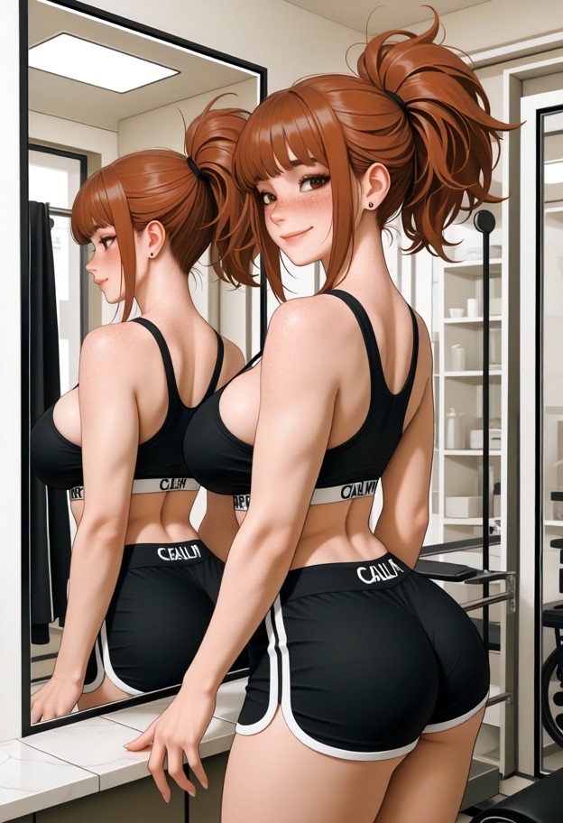 radiates athleticism,captured mid-stretch in a sunny gyms changing room,in front of a big mirror. she wears black sho…