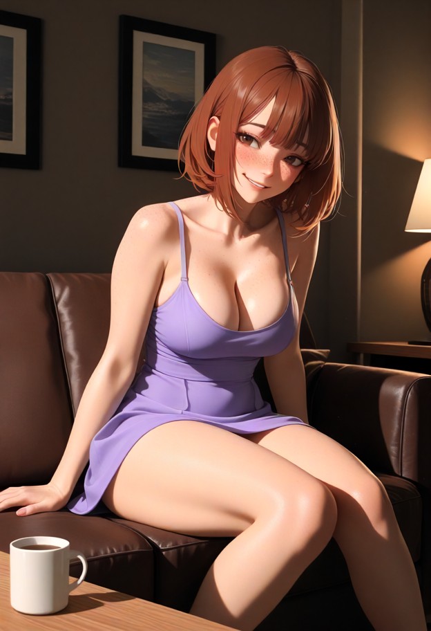 she is is sitting on a couch,purple sundress,cozy living room,brown leather couch,wooden coffee table,biting her lowe…