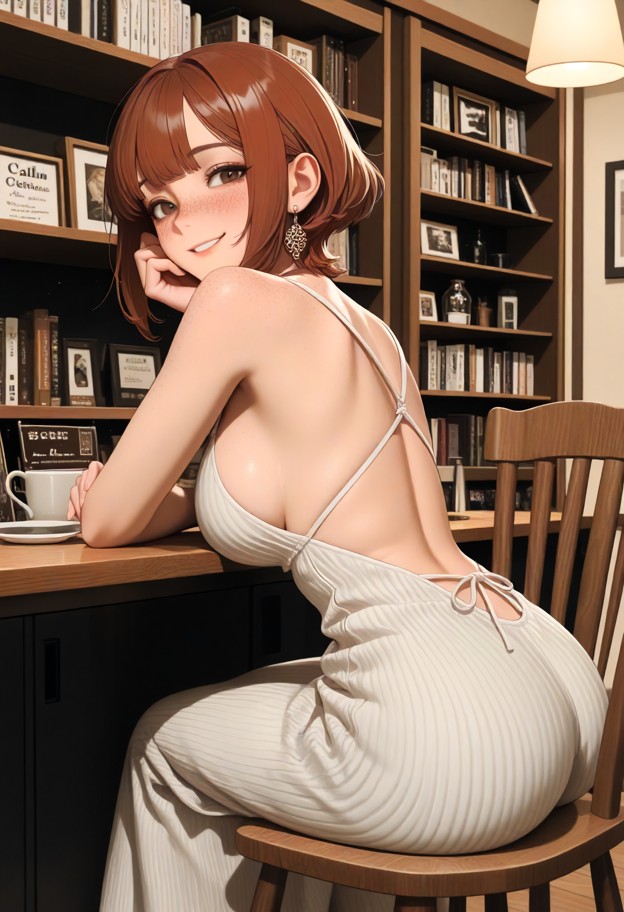 she is is sitting on a wooden chair leaning forward,flowy boho dress,small indie bookstore café,wooden tables,bookshe…