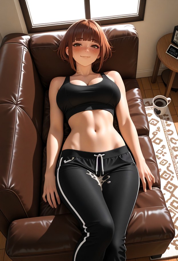 lying flat on her back on rug,she is wearing,black nike silky lycra crop top pulled up over her tits,black nike silky…
