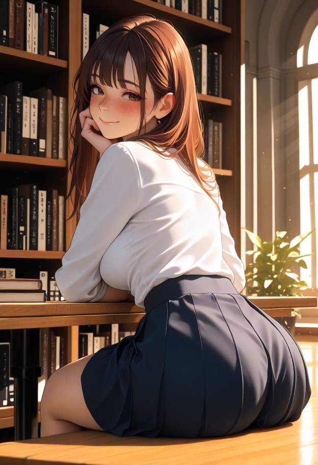 he is sitting at a wooden table leaning closer to viewer,white school shirt,pleated skirt,pulled up on one side to sh…