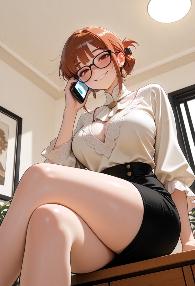 sits on the edge of her large oak desk,legs crossed,looking every bit the elegant hair usually kept in an elegant bun…