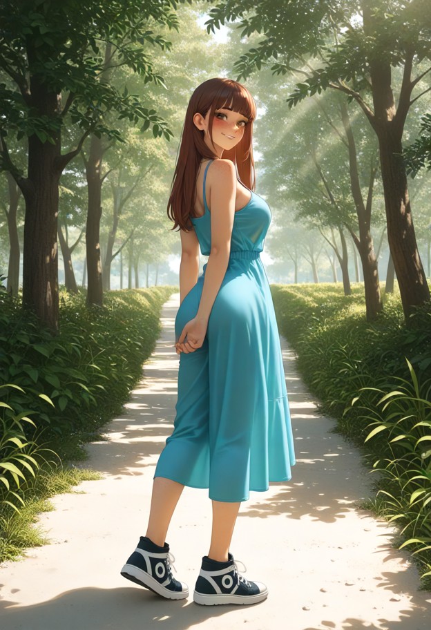standing,smiling,biting lip,blue cotton sundress,white canvas sneakers,outdoor park,green grass,trees,sunlight filter…