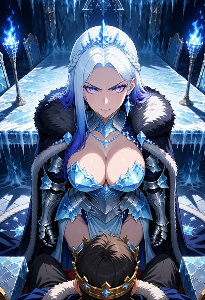 Location: a grand, frigid war room with a heavy frost-covered stone table and walls of jagged ice, illuminated by fli…