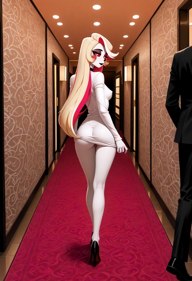 walking forward,black suit jacket,white long-sleeved shirt,hotel corridor,red carpet,patterned wallpaper,dim warm lig…