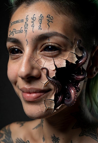 An extreme macro close-up photograph of a woman's face, capturing a deeply unsettling psychological contrast. She is …
