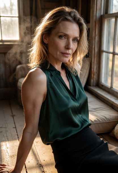 Location: late afternoon in a rustic wooden outbuilding, where soft, golden sunlight filters through a dusty window, …