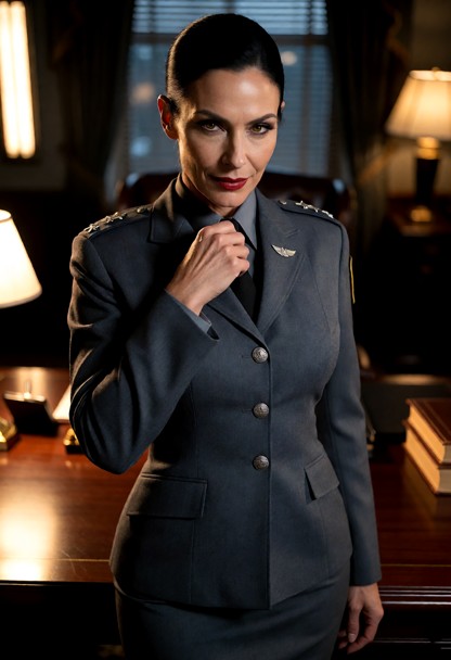 Location: a dimly lit, professional command office during the evening, with soft amber light from a desk lamp casting…