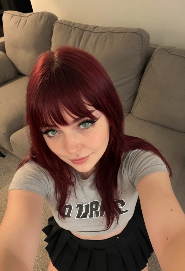 she is is sitting on the edge of a couch,black pleated skirt,tight black rock band t-shirt,living room,dark fabric co…