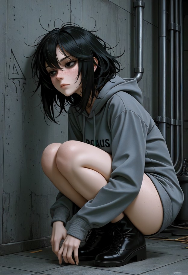 1girl crouching,knees to chest,head lowered,dark grey hoodie,dimly lit,concrete basement,damp floor,metal pipes,solo,…