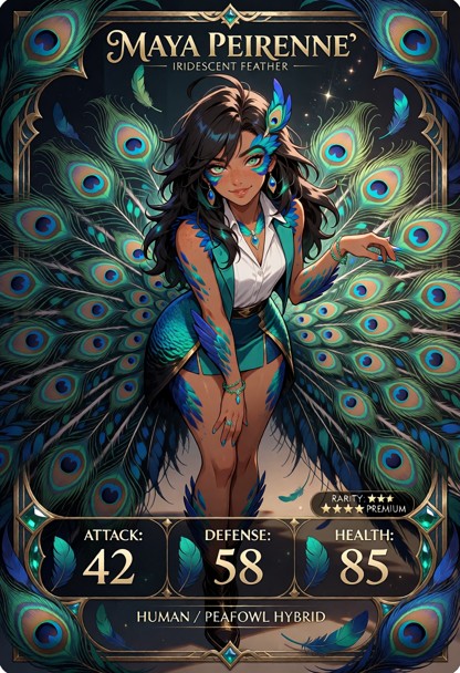 Create a premium collectible trading card featuring **Maya Peirenne**, a 25-year-old human and Indian peafowl hybrid …