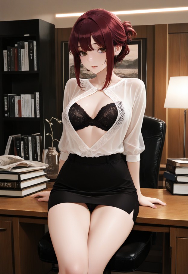 a she is sits on the edge of a wooden desk smoothing her skin,open white silk blouse,black lace bra,black pencil skir…