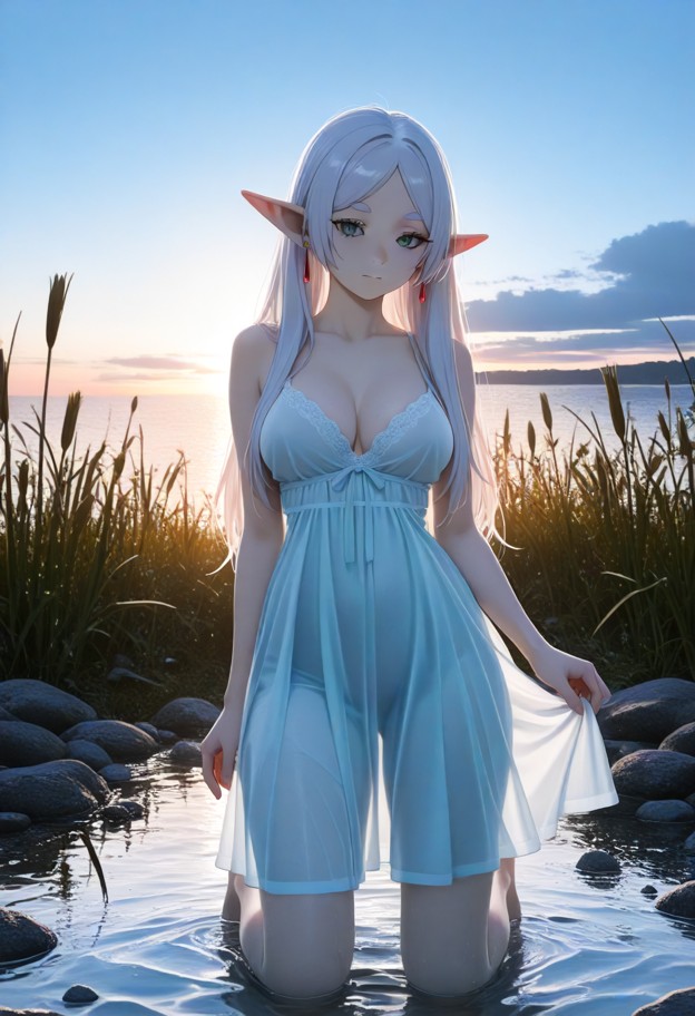 frieren is kneeling by the lakeside dipping her hand into the water,white linen chemise,short blue cotton skirt,seren…