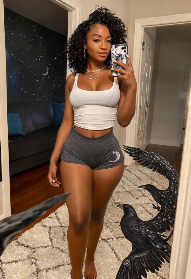 kira stands in the doorway holding a smartphone,white tank top,dark grey jersey shorts,barefoot,living room,doorway,s…