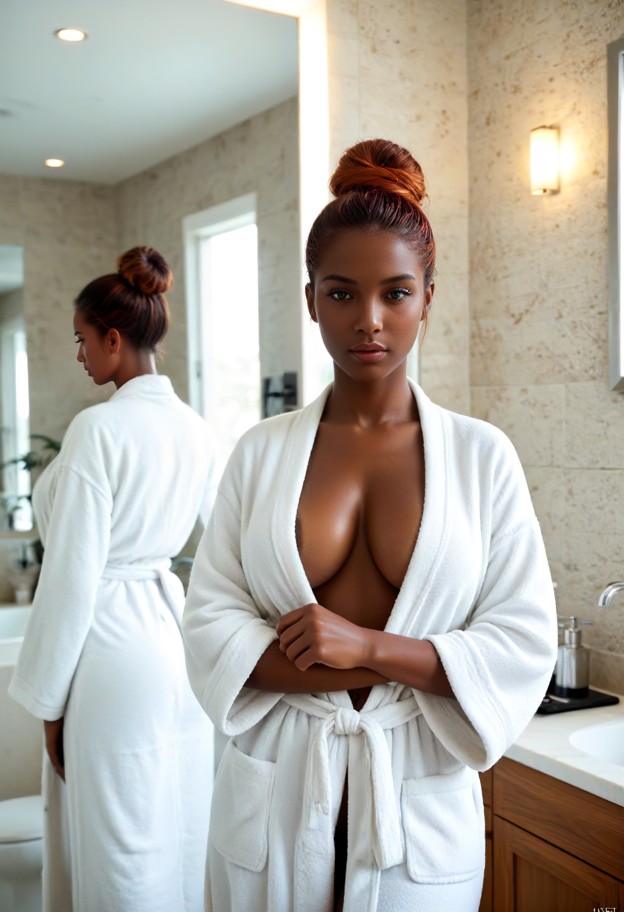 standing,she is is holding her black silk bathrobe open,boobs,bathroom,marble countertop,large mirror,bright vanity l…