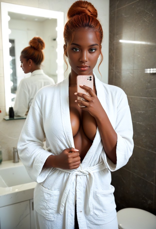 she is,solo,solo,eye contact,holding phone,looking at viewer,black silk bathrobe,partially open,bathroom,marble count…