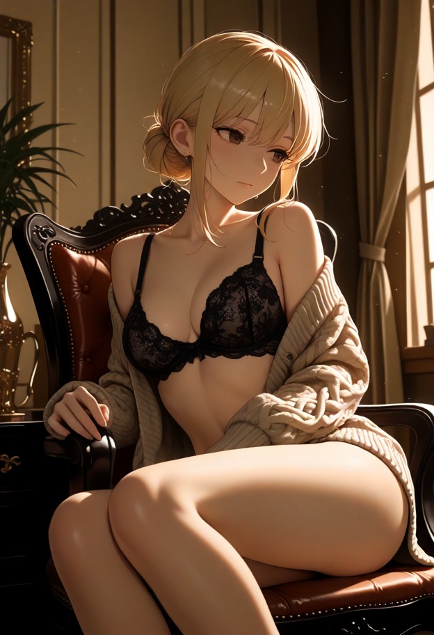 she is is sitting on a chair wiggling her hips,open knit cardigan,boobs,black lace bra strap,bare legs,dim private ro…