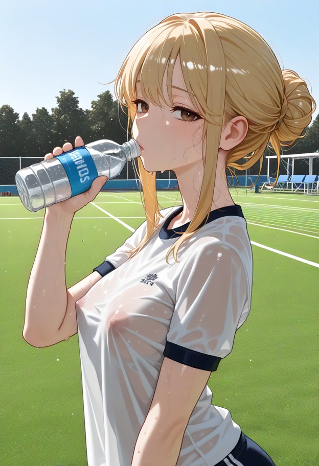 1girl,solo,gym outfit,very_sweaty,sweat,sweaty_clothes,nipples visible through shirt,hair_up,water_bottle,holding wat…