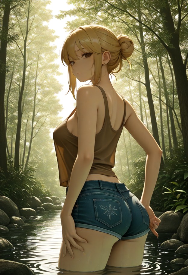 amanda is pulling her soaked white tank top up to reveal her boobs,solo,short denim cut-off shorts,naked boobs,seclud…