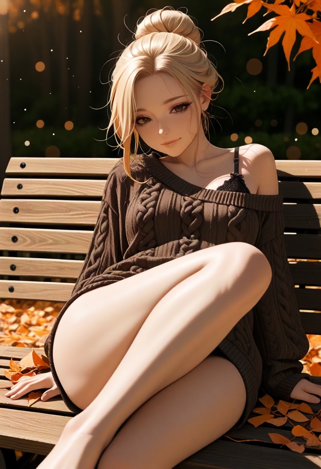 a petite woman sits sideways on a wooden park bench,one leg crossed over the other,wearing a thin,oversized burgundy …