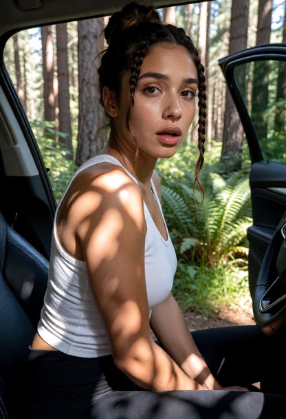 Location: early afternoon in a lush forest setting with sunlight filtering through towering pine trees in dappled pat…
