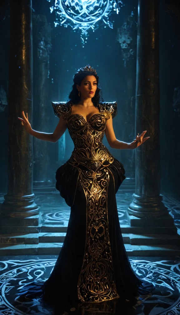 /imagine prompt: hades standing in a room lined with mirrors reflecting infinite copies of herself,creating a disorie…