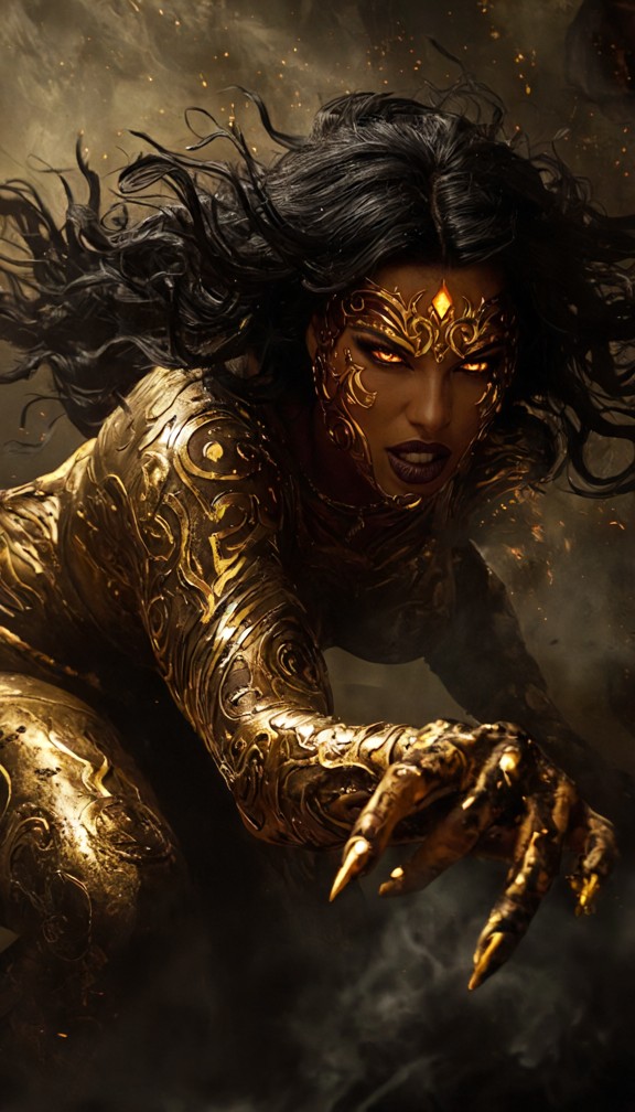/imagine prompt: action shot of hades physically lifting a mortal by the throat,her fingers pressing into his skin,te…