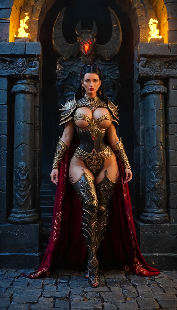 /imagine prompt: hades standing at the entrance of the underworld's gates,flanked by two hulking minotaurs with glowi…