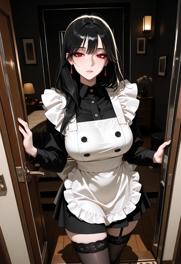 scarlett stood alone near the door in the dimly lit bedroom,her face anxious,wearing a white maid's uniform with blac…