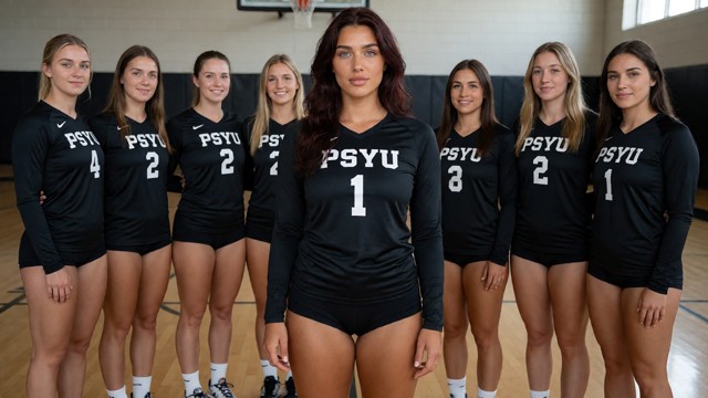 Felicity is standing in the center back as part of the team wearing black long-sleeved athletic jersey with white num…