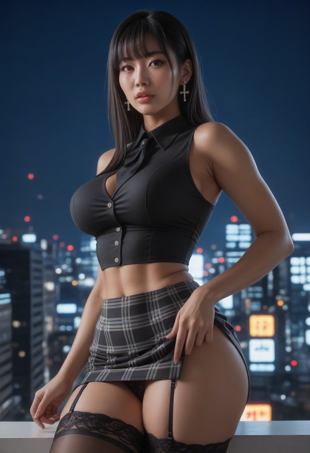 1girl,posing,white silky crop top,dark mini tartan skirt,garter belt,long black tie,neutral expression,relaxed face,c…