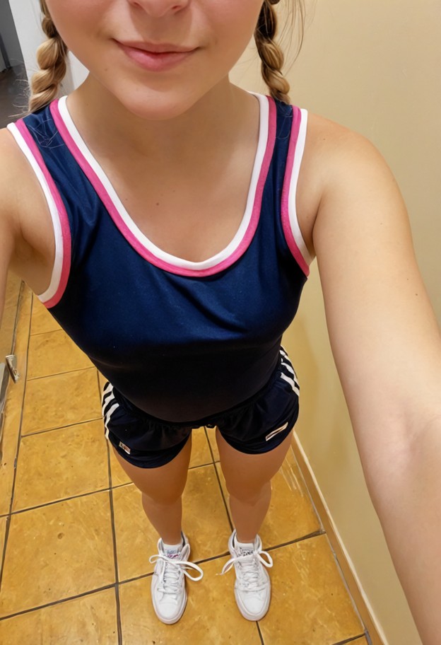 1girl standing,frontal view,navy blue basketballjersey,black shorts,white sneakerswith pink laces,gym hallway,pale ye…