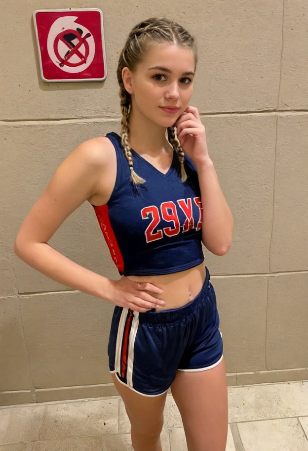 1girl standing,navy blue basketball jersey,black athletic shorts,hand on cheek,hand on hip,gazing,gym hallway,pale ye…