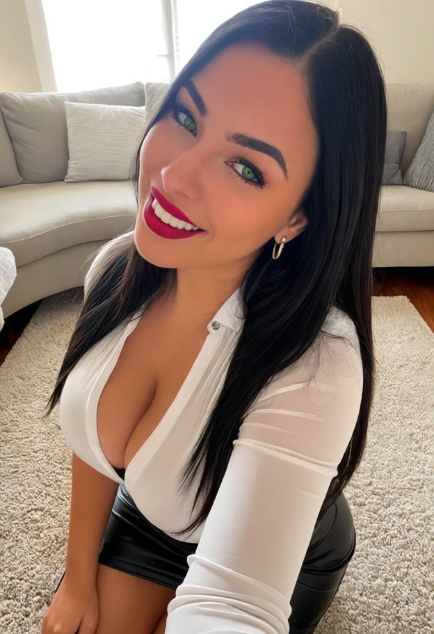 iness attire,silky white low cut blouse,office outfit,tight black leather pencil skirt,slutty  makeup,earrings,orgasm…