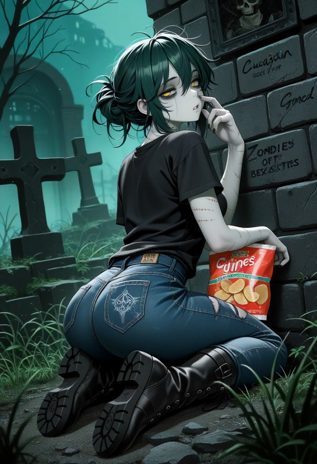 bridget sits on the stone wall holding a bag of chips,faded black cotton t-shirt,distressed blue denim jeans,worn lea…