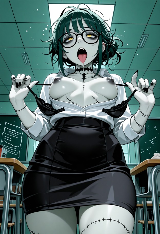 orgasmic1:5,aheago,tongue out,eye roll,classroom,school_room,desk,teacher_outfit,sexy_teacher,office_skirt,white_blou…