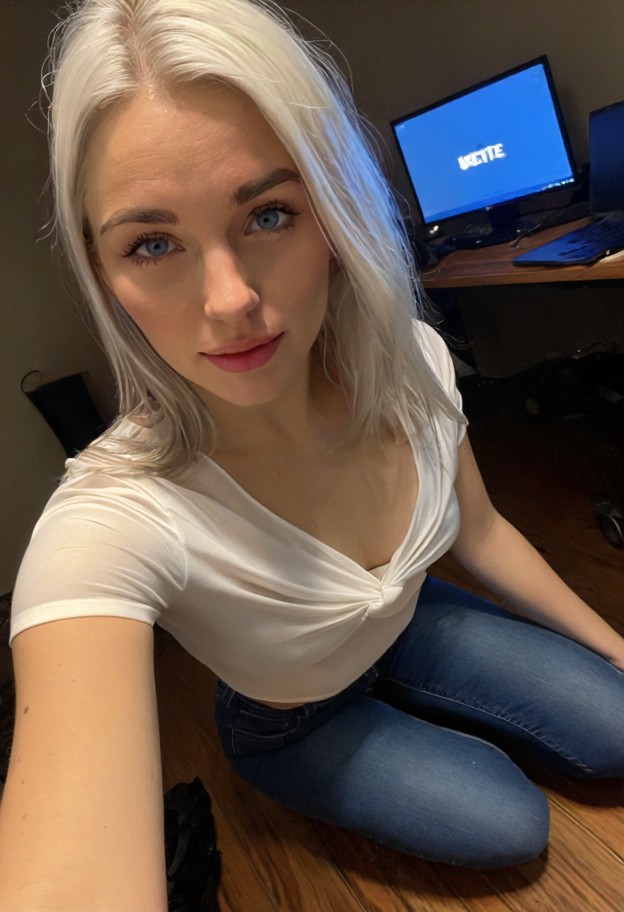 she is leaning over a wooden desk,white silk blouse,blue denim tight jeans,deserted office,dimly lit,computer monitor…
