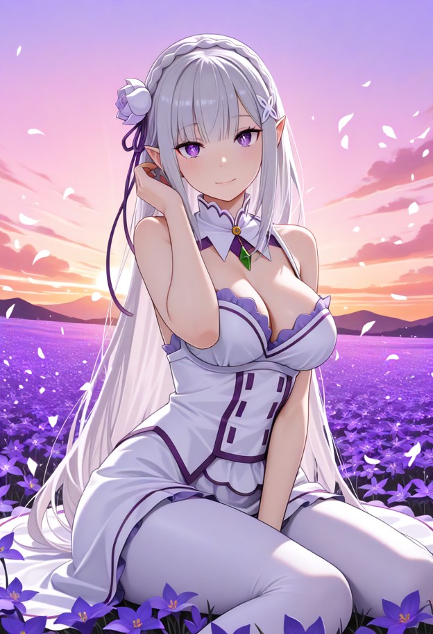 she is sitting among flowers and touching her hair,white and purple lace corset dress,choker,side ribbon ornament,fan…