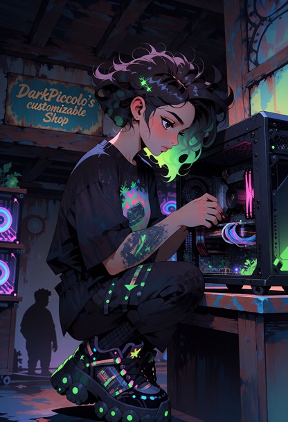 A realistic, cinematic photo of a focused woman assembling a PC hardware bundle on a wooden workbench. Wearing oversi…